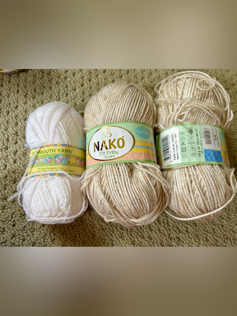 Lot of 3 NAKO Elit Baby Muare Yarn - Cream. Plymouth Baby Yarn White